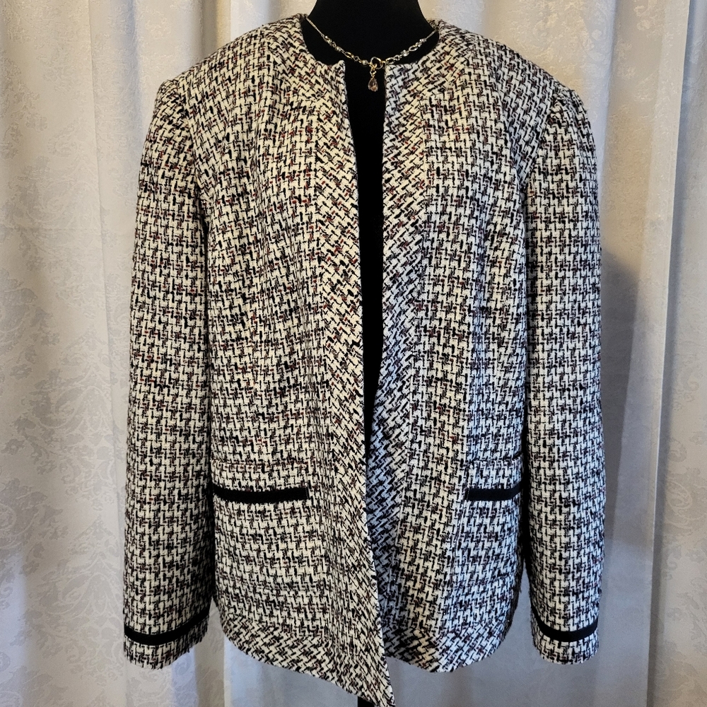 Karen Scott Women's Black and White Tweed Open Front Bkazer,Jacket, Size 22w